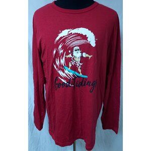 NORTH POLE Mens LT Red Surfing Santa Good Tiding Hawaiian Long Sleeve T-Shirt